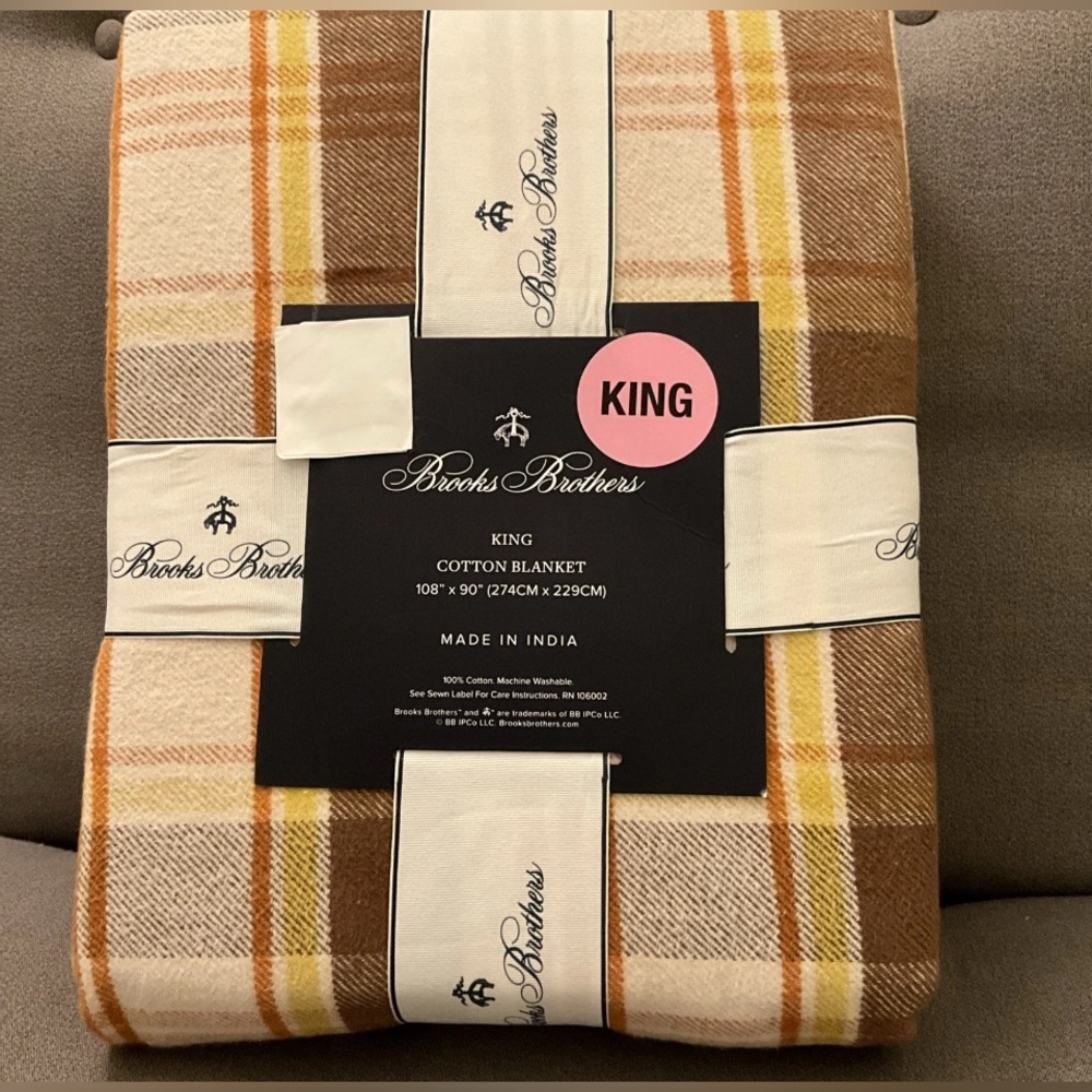 Brooks Brothers Cotton King Blanket  Multicolor Plaid 90x90 Made In India